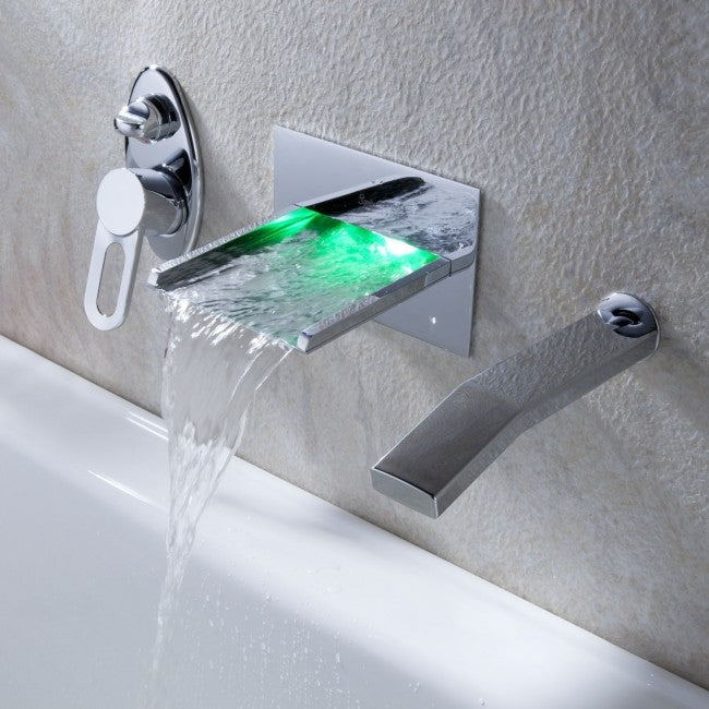 Delightful Le Havre Wall Mounted Waterfall LED Bathtub Faucets with Pull-Out Handheld Shower Head