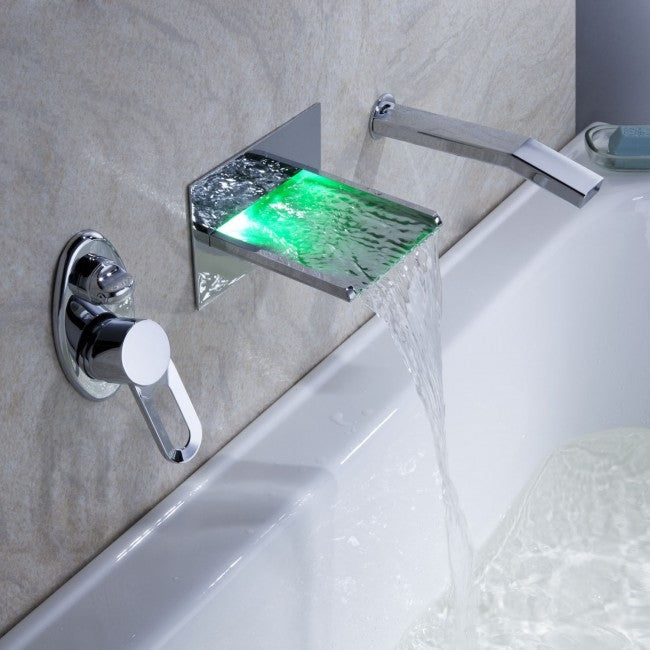 Delightful Le Havre Wall Mounted Waterfall LED Bathtub Faucets with Pull-Out Handheld Shower Head