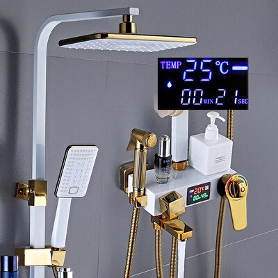 Juno White & Gold Rain Shower System Thermostatic LED Digital Display Mixer With Tub Spout