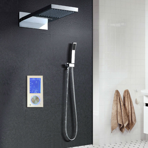 Digital Display Touch Control Panel Ceiling Mount Rainfall and Waterfall LED Shower Set