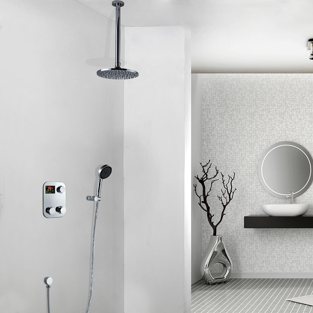 Digital Display Ceiling Mount Brass Chrome Round Shower Head Set with Handheld Shower Head