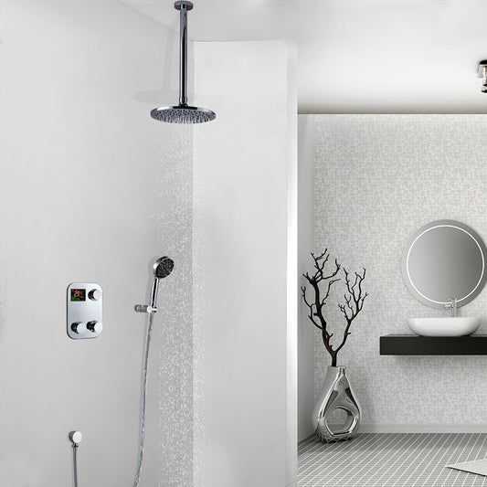 Digital Display Ceiling Mount Brass Chrome Round Shower Head Set with Handheld Shower Head