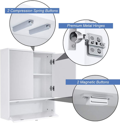 Double Door White Medicine Cabinet Wall Mount Mirrored Medicine Storage Cabinet