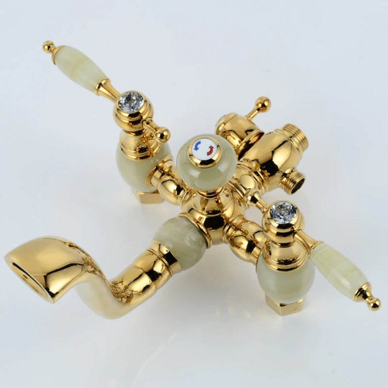 Juno Gold Finish Porcelain Handle Clawfoot Bathtub Faucet with Hand Shower