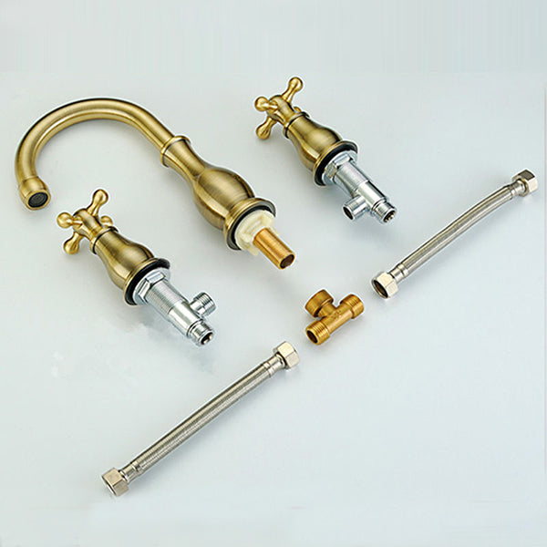 Solid Brass Dual Handle Widespread Three Holes Bathroom Sink Faucet Deck Mount Vanity Mixer Tap