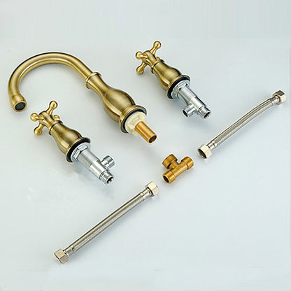 Solid Brass Dual Handle Widespread Three Holes Bathroom Sink Faucet Deck Mount Vanity Mixer Tap