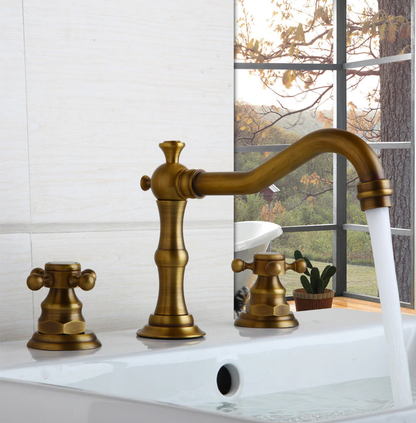 
Juno Long Swivel Spout Deck Mount Brass Dual Handle Bathroom Sink Faucet 