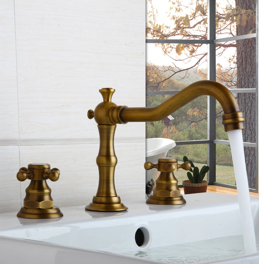 
Juno Long Swivel Spout Deck Mount Brass Dual Handle Bathroom Sink Faucet 