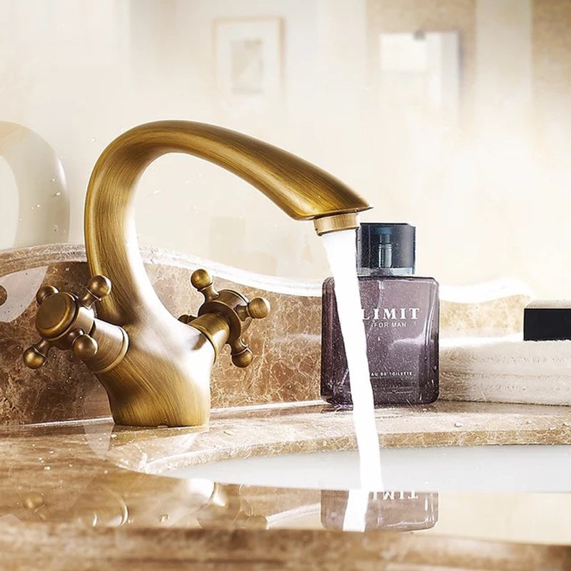 Dual Handle Solid Brass Stylish Curved Bathroom Sink Faucet 