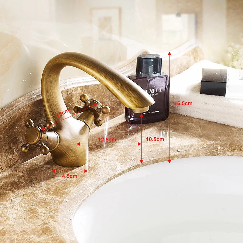Dual Handle Solid Brass Stylish Curved Bathroom Sink Faucet 