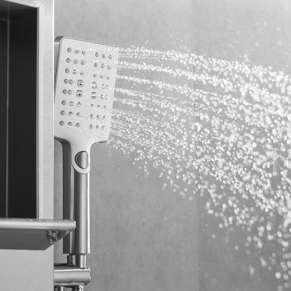 Juno Commercials Brushed Nickel Shower Panels with Square Shower Head & Storage Rack