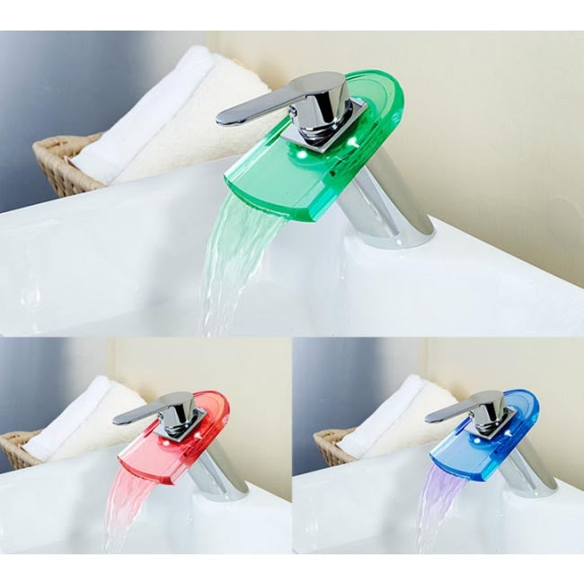 Brass+Glass Color Changing LED Waterfall Bathroom Sink Faucets