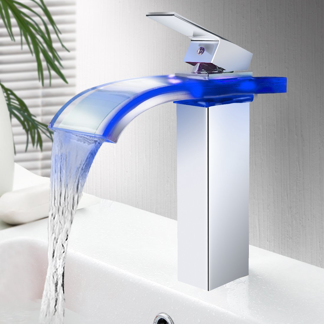 Glass Spout Color Changing LED Bathroom Waterfall Sink Faucet