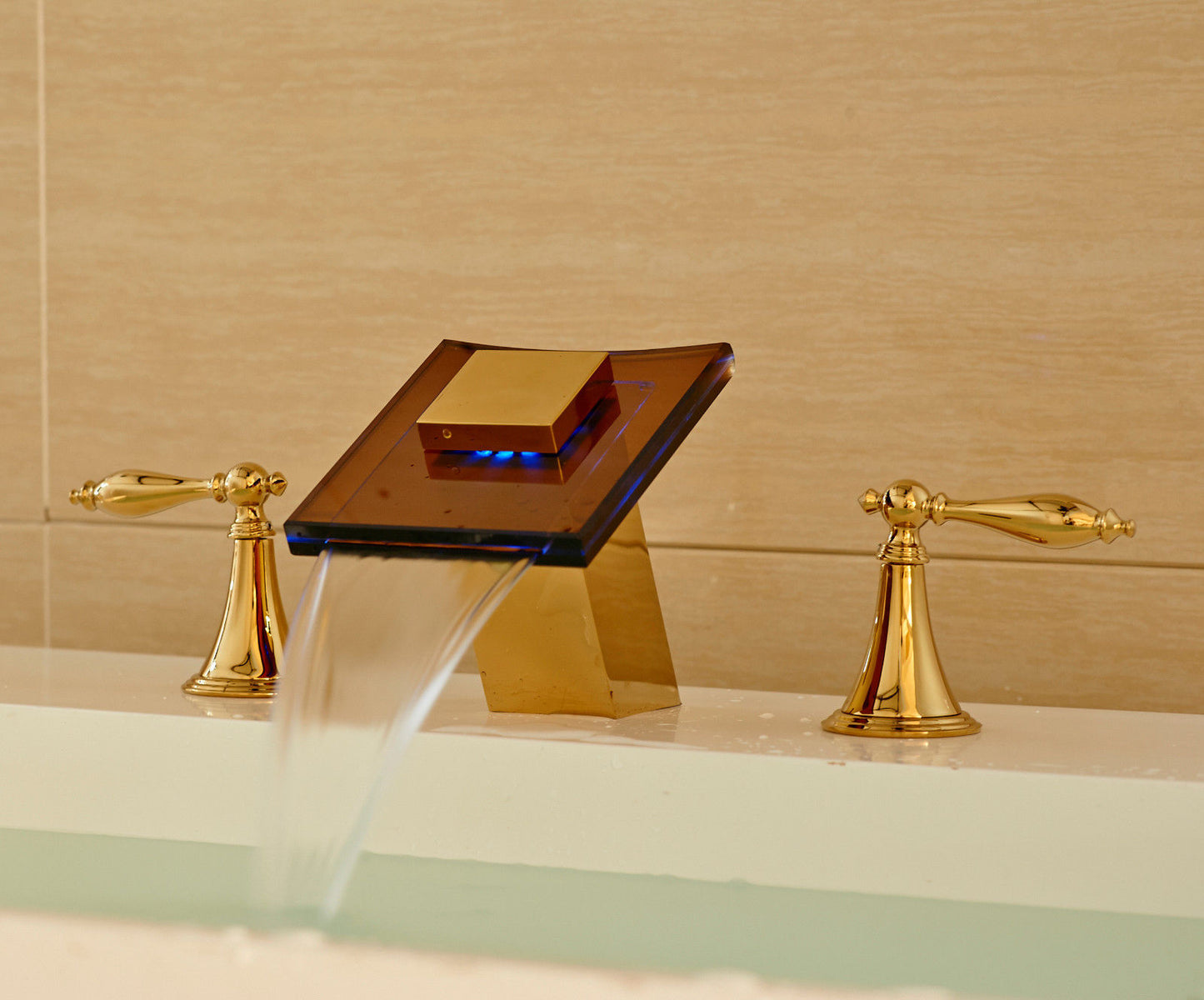 LED Color Changing Glass Spout Bathroom Sink Faucet Gold Finish