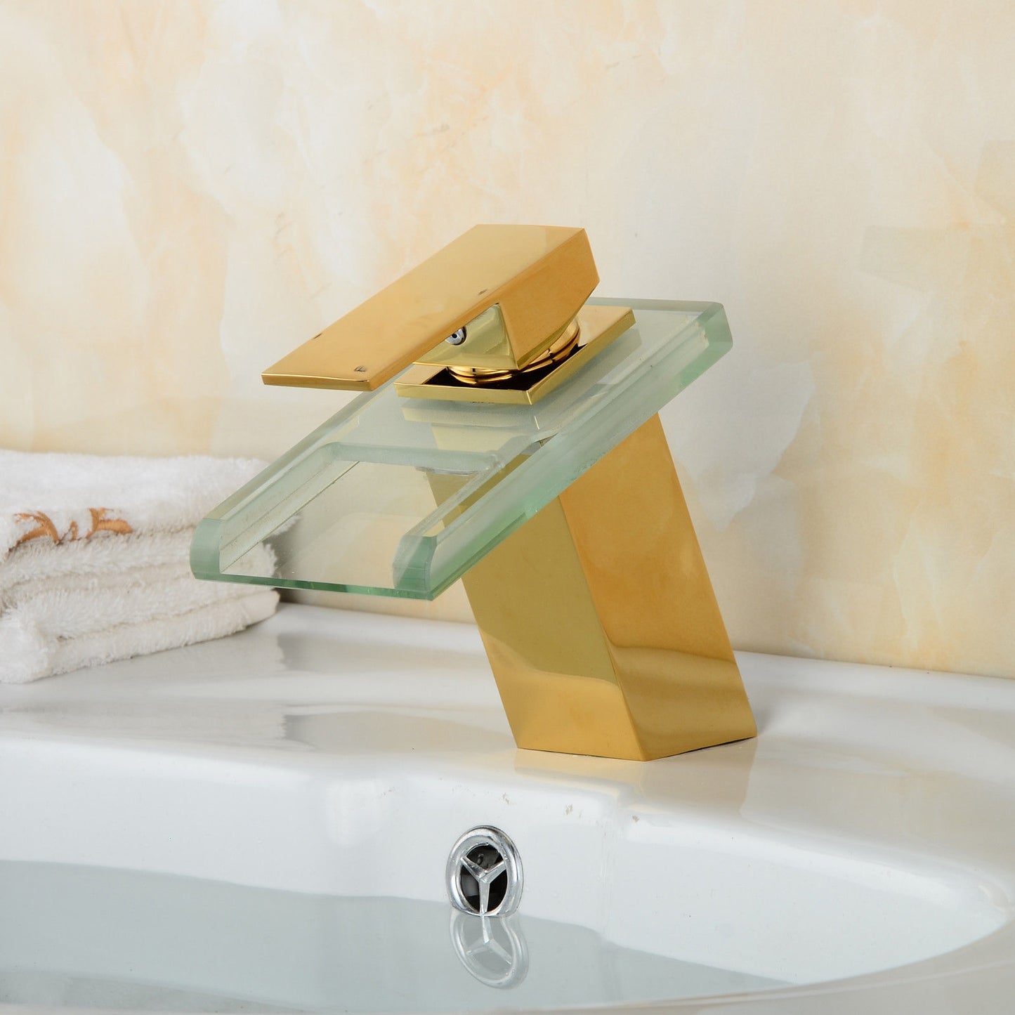 Color Changing LED Waterfall Gold Finish Bathroom Sink Faucet