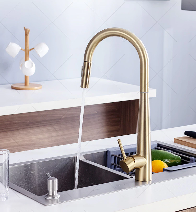 New Modern Design Brushed Gold Finish Touch Kitchen Faucet Pull Out Spray