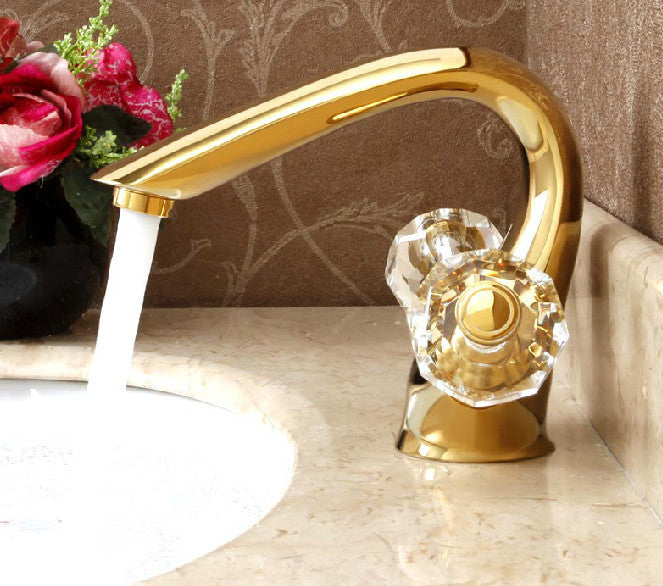 Dual Crystal Handle Deck Mount Gold Bathroom Faucet