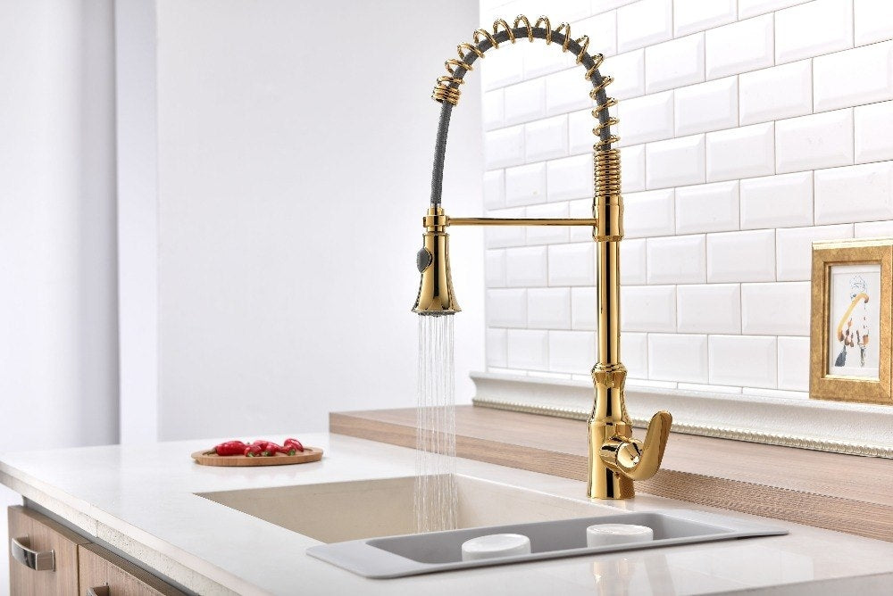 Gold Deck Mounted Pull Out Kitchen Faucet 