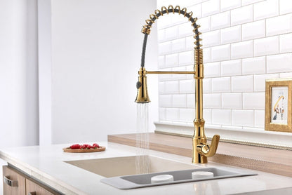 Gold Deck Mounted Pull Out Kitchen Faucet 