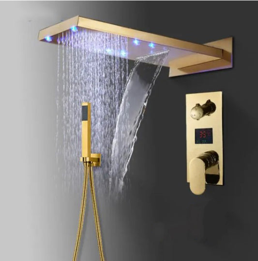 Juno Gold Finish LED Rain Waterfall Bathroom Faucet Shower Head with Handheld Shower