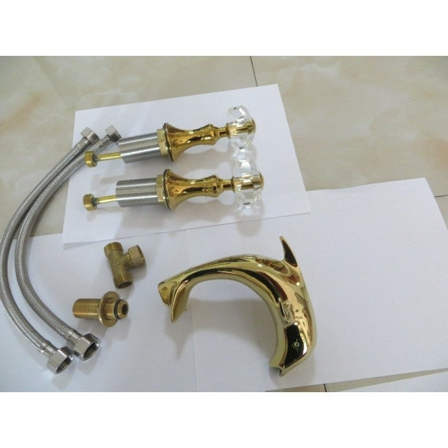 Gold Dolphin Dual Crystal Handle Deck Mount Bathroom Faucet