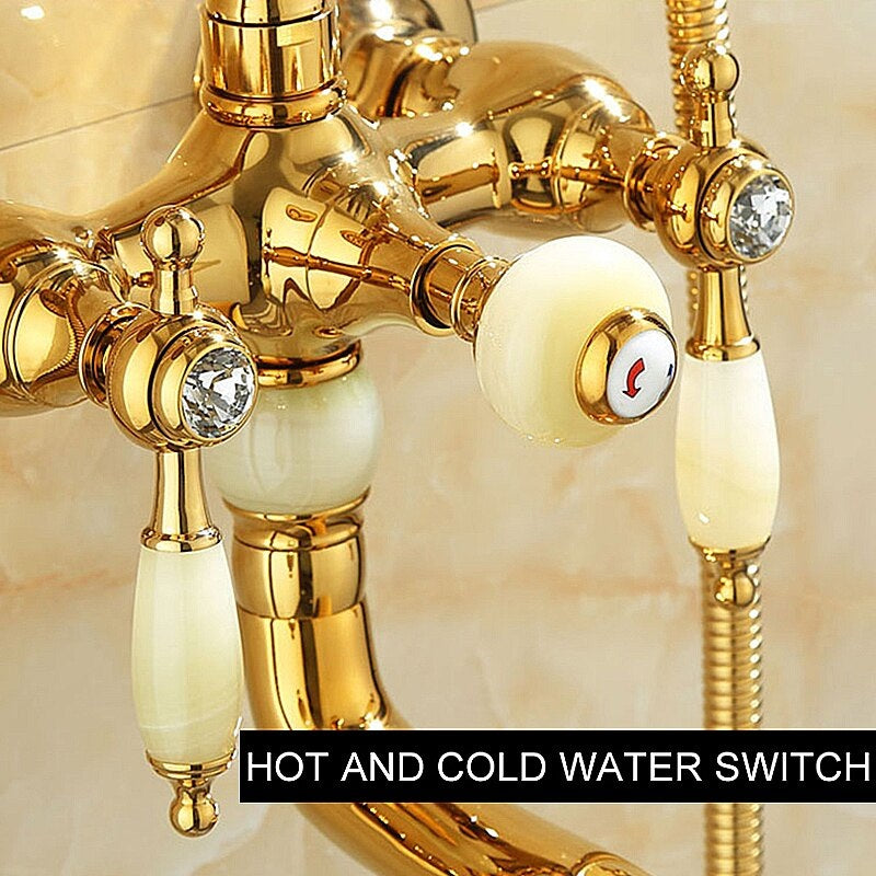 Juno Gold Finish Porcelain Handle Clawfoot Bathtub Faucet with Hand Shower
