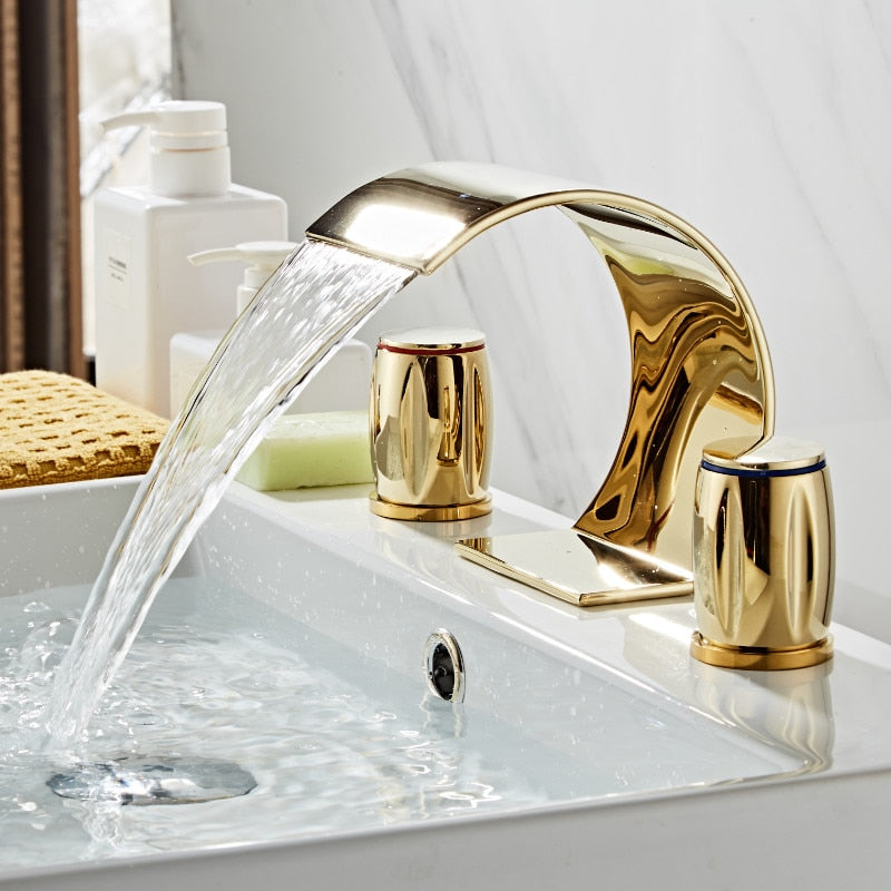 Juno Widespread Brass Polished Gold Deck Mount Faucets With Dual Mixer