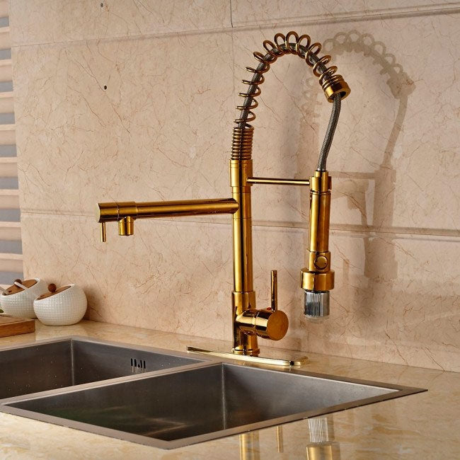Juno Gold Finish LED Kitchen Faucet with Pullout Tap & Mixer