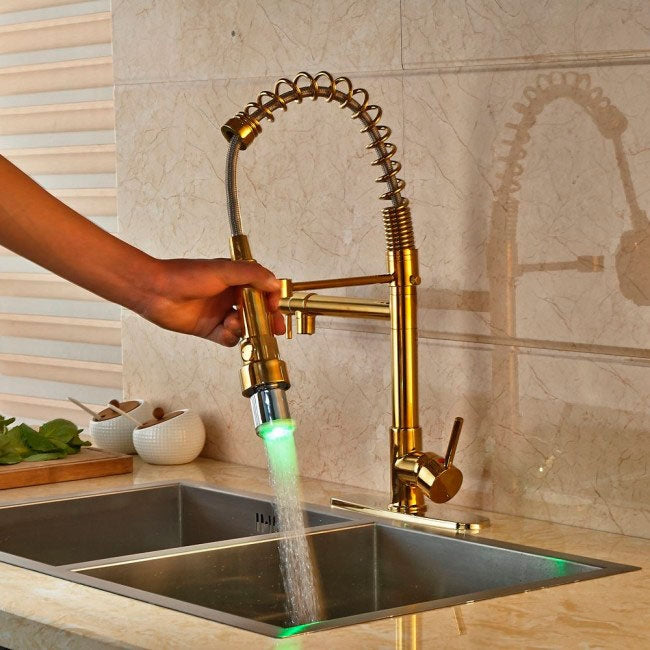 Juno Gold Finish LED Kitchen Faucet with Pullout Tap & Mixer