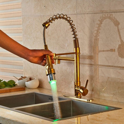 Juno Gold Finish LED Kitchen Faucet with Pullout Tap & Mixer