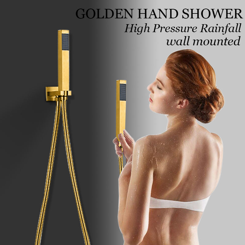 Gold Finish LED Rain Waterfall Bathroom Faucet Shower Head with Handheld Shower 