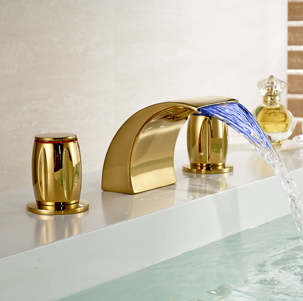 Gold Finish LED Bathroom Vessel Sink Faucet Mixer Tap