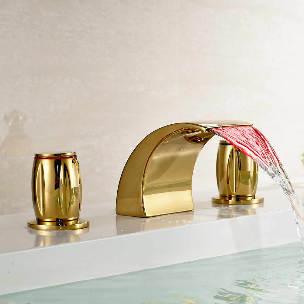 Gold Finish LED Bathroom Vessel Sink Faucet Mixer Tap