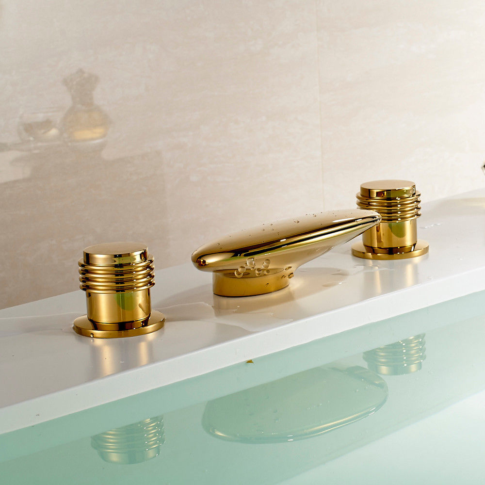 Deck Mount Gold Finish Waterfall Bath-Tub Faucet