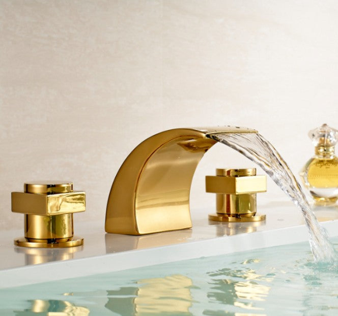 Gold Finish Waterfall Bathroom Bath Sink Faucet 