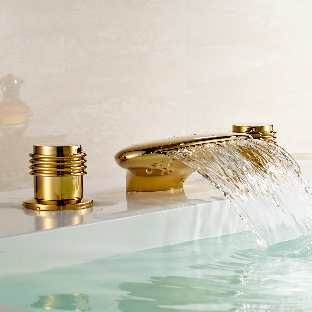 Deck Mount Gold Finish Waterfall Bath-Tub Faucet