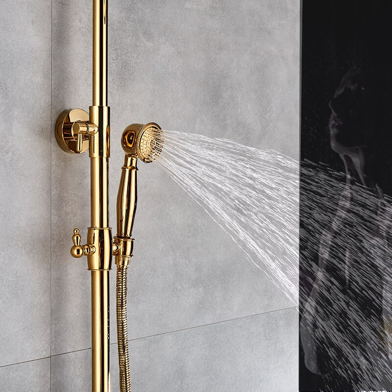 Juno Antique Brass Rainfall Dual Handle Mixer Faucet With Telephone Style Handheld Shower
