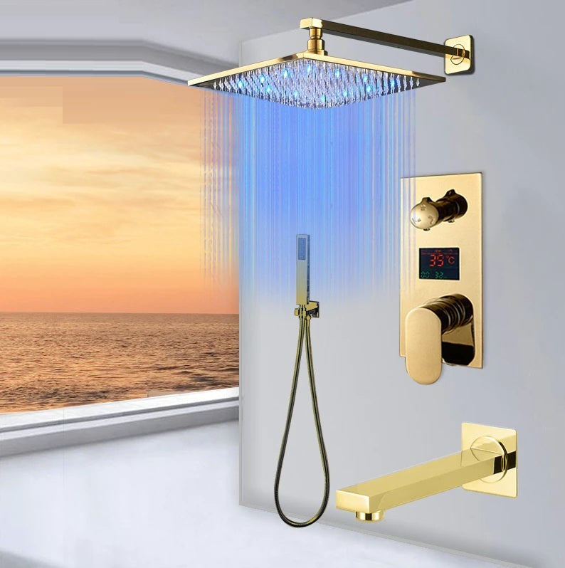 Juno Polished Gold 3 Way LCD Mixer Valve With Digital Display Bath Shower Faucet