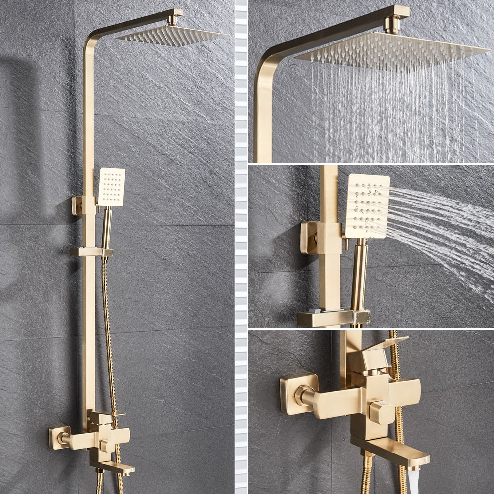 Juno New Rainfall Brushed Gold Square Bathroom Shower Column