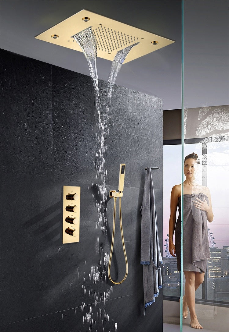 Juno Luxury Romote control LED Rainfall & Waterfall Concealed Gold Shower Set