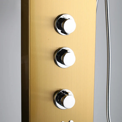 Juno Wall-Mounted Brushed Gold 4-Function Shower Panel with Rainfall, Waterfall, Body Jets & Handheld Wand