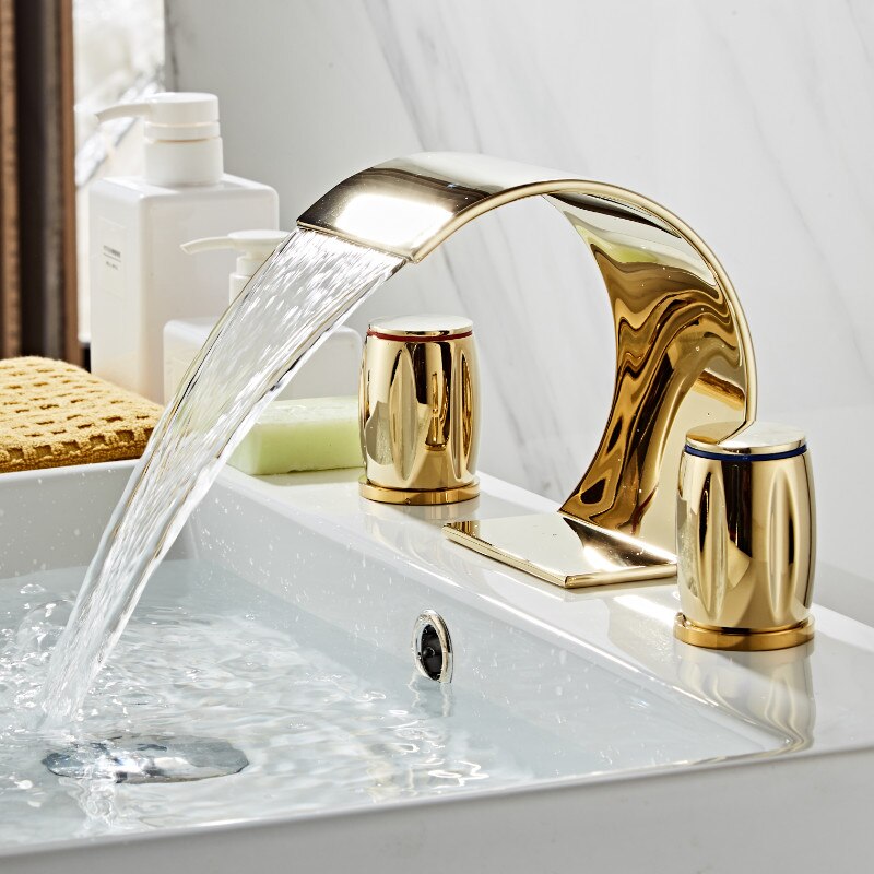 Juno Widespread Brass Polished Gold Deck Mount Faucets With Dual Mixer