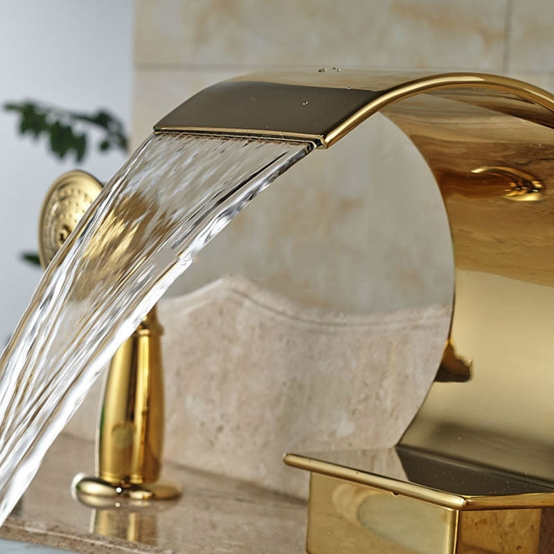Gold Single Handle 3 Pieces Widespread Waterfall Faucet