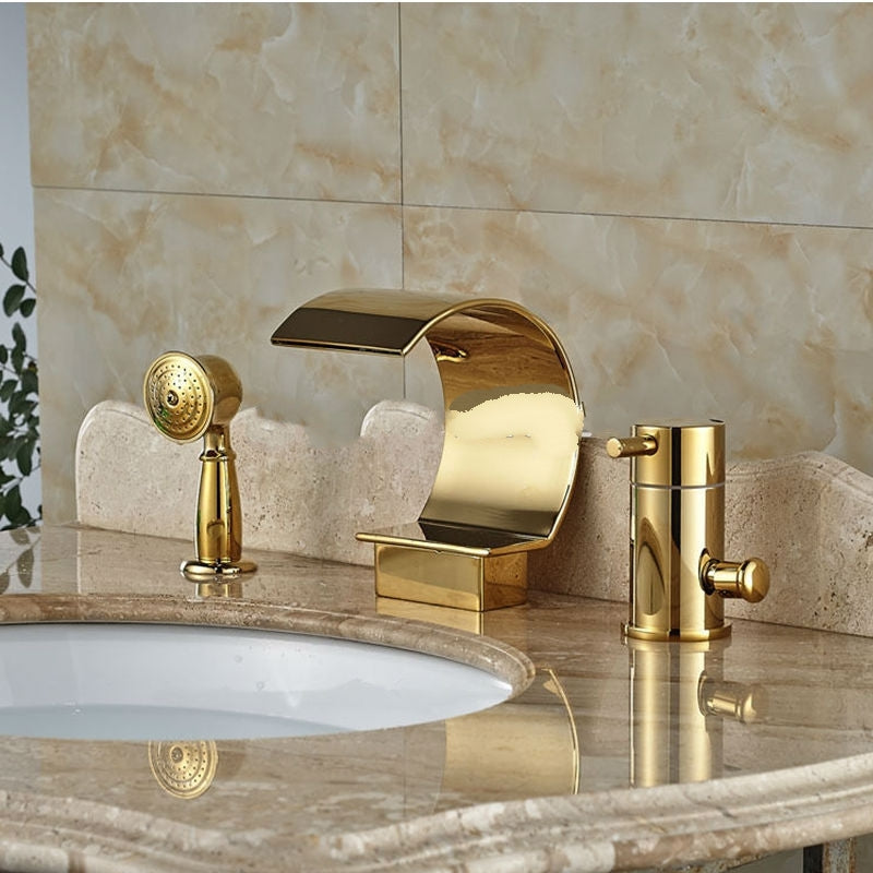 Gold Single Handle 3 Pieces Widespread Waterfall Bathroom Faucet