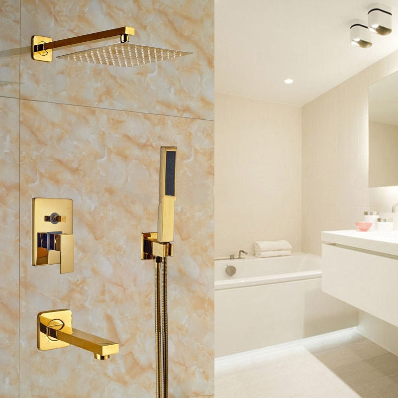 Gold Square Widespread Contemporary 8 Inches Bathroom Shower with Hand-Held Shower