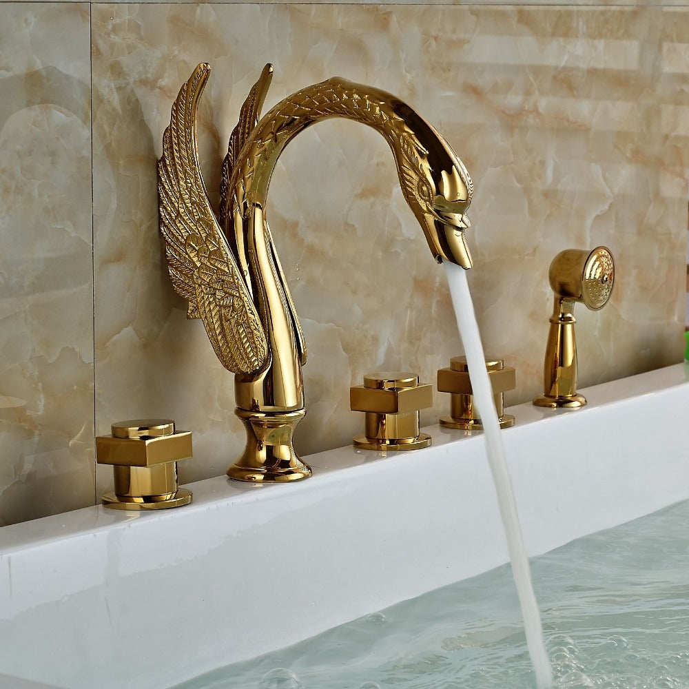 Gold Swan Round Handle Bathtub Faucet with Hand Held Shower