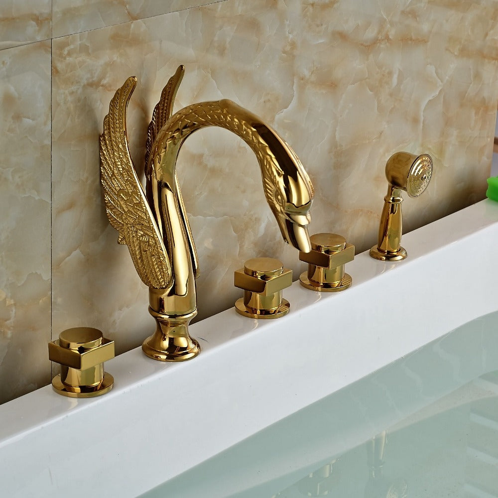 Gold Swan Round Handle Bathtub Faucet with Hand Held Shower