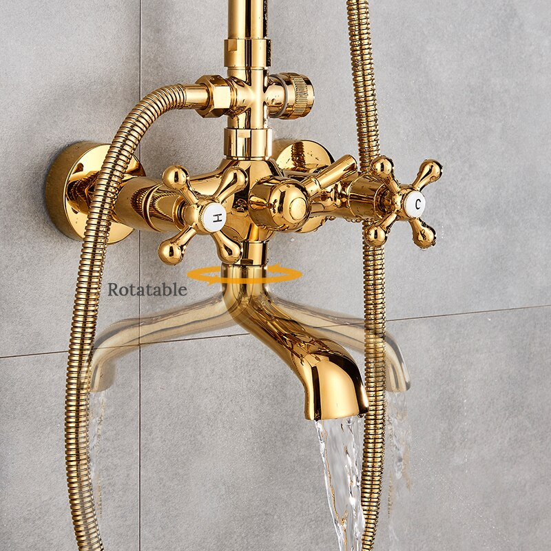 Juno Antique Brass Rainfall Dual Handle Mixer Faucet With Telephone Style Handheld Shower
