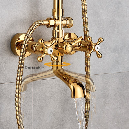 Juno Antique Brass Rainfall Dual Handle Mixer Faucet With Telephone Style Handheld Shower
