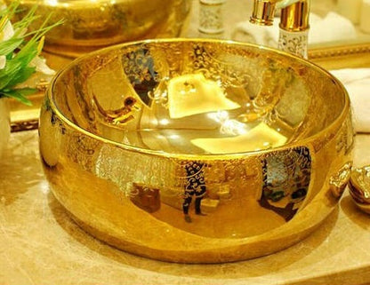 Luxury Lumia Oval Gold Cursive Designed Porcelain Countertop Semi Counter Sink Washbasin